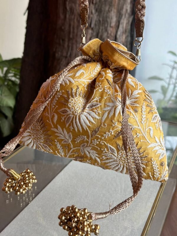 Yellow Handcrafted Silk Chikankari Potli Bags With Ari Work - Image 5