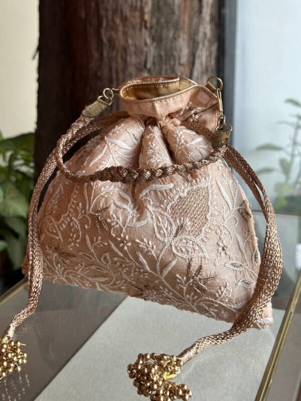 Pink Handcrafted Silk Chikankari Potli Bags With Ari Work - Image 5