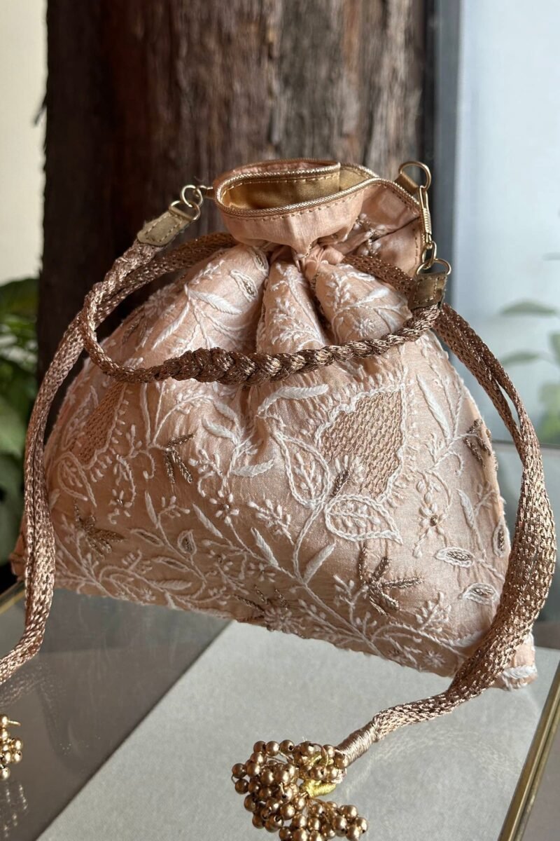 Pink Handcrafted Silk Chikankari Potli Bags With Ari Work