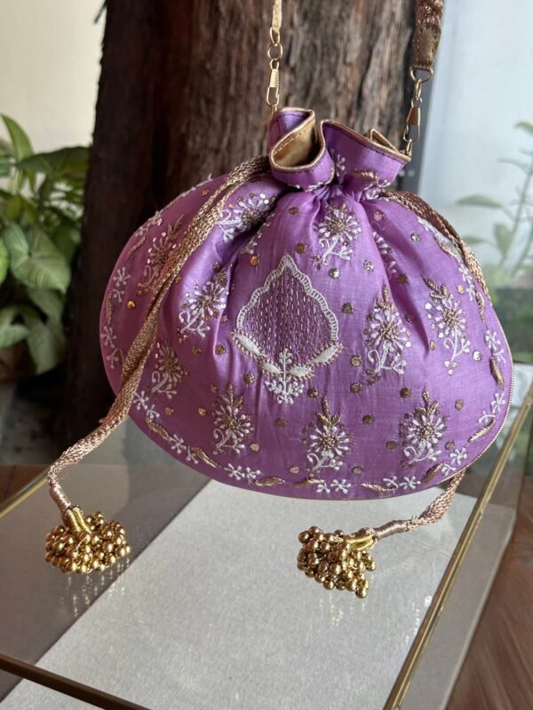 Purple Handcrafted Silk Chikankari Potli Bags With Ari Work and Mukaish Kamdani