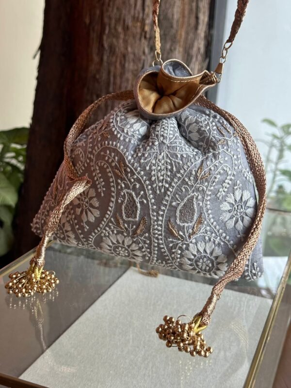 Grey Handcrafted Silk Chikankari Potli Bags With Ari Work