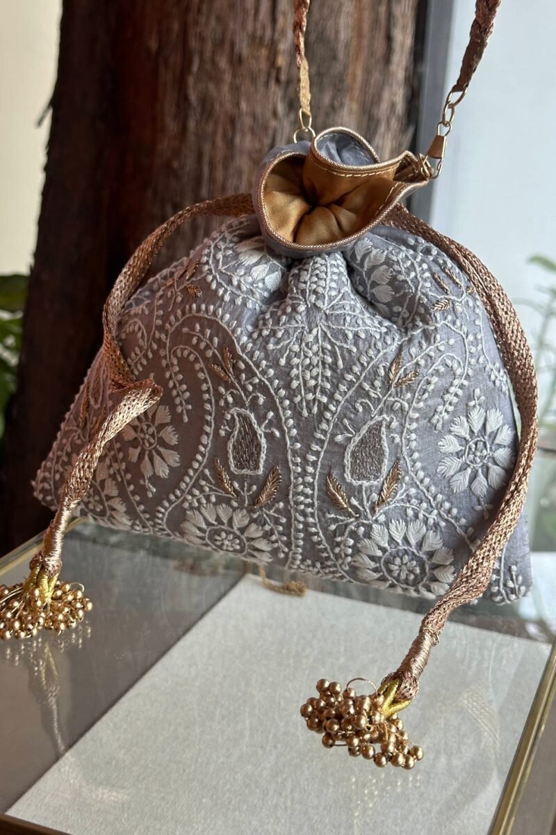 Grey Handcrafted Silk Chikankari Potli Bags With Ari Work