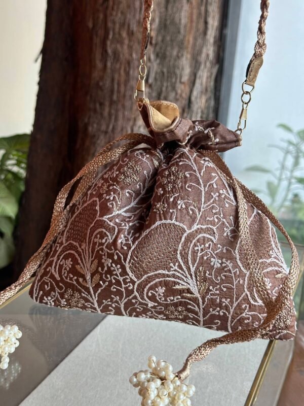Brown Handcrafted Silk Chikankari Potli Bags With Ari Work - Image 6
