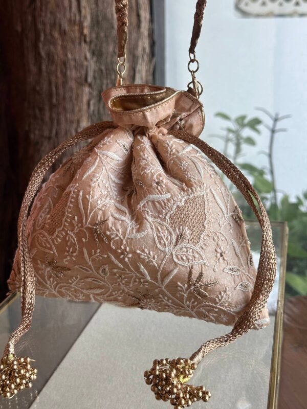 Pink Handcrafted Silk Chikankari Potli Bags With Ari Work - Image 6