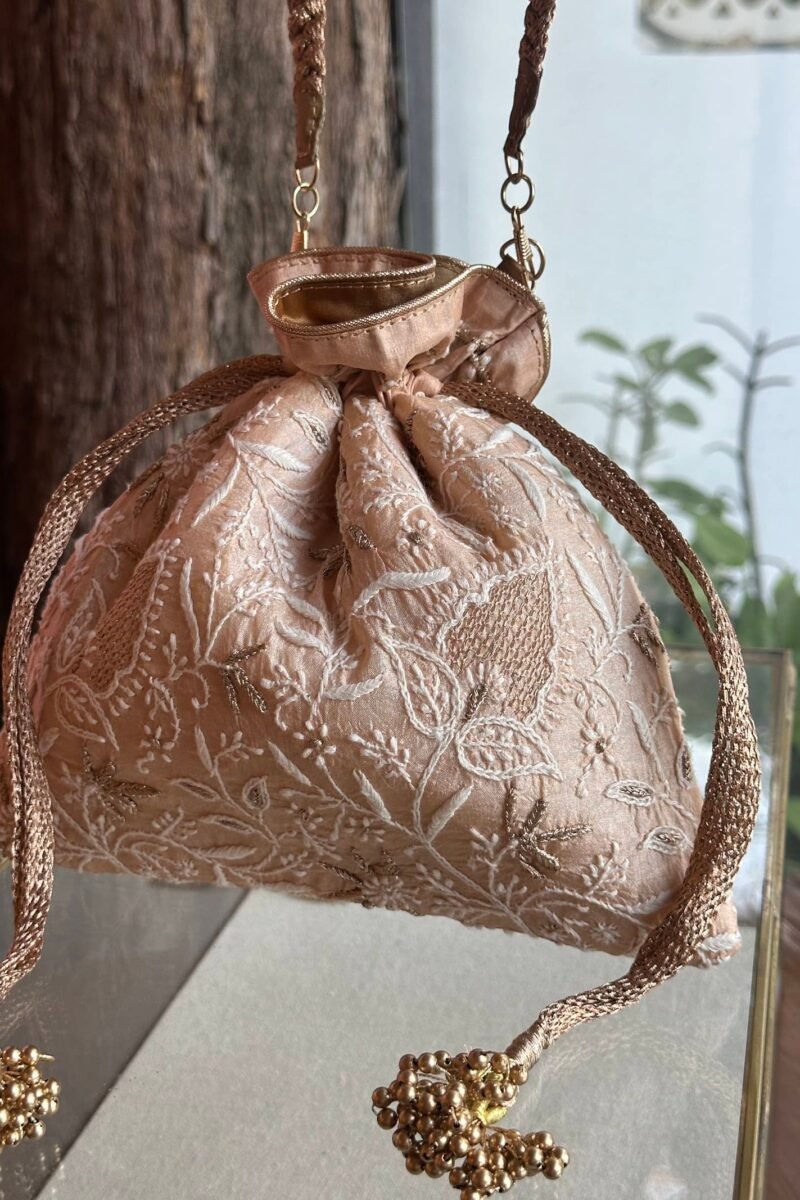 Pink Handcrafted Silk Chikankari Potli Bags With Ari Work