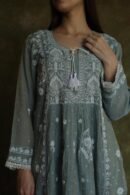 Cloud Grey Tissue Silk Chikankari Angarkha With Ari & Beads Work