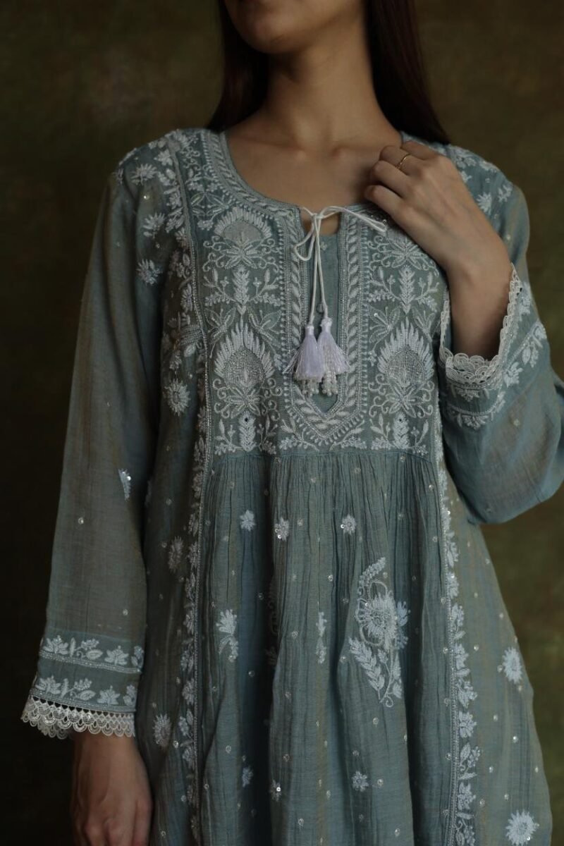 Cloud Grey Tissue Silk Chikankari Angarkha With Ari & Beads Work