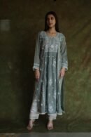 Cloud Grey Tissue Silk Chikankari Angarkha With Ari & Beads Work
