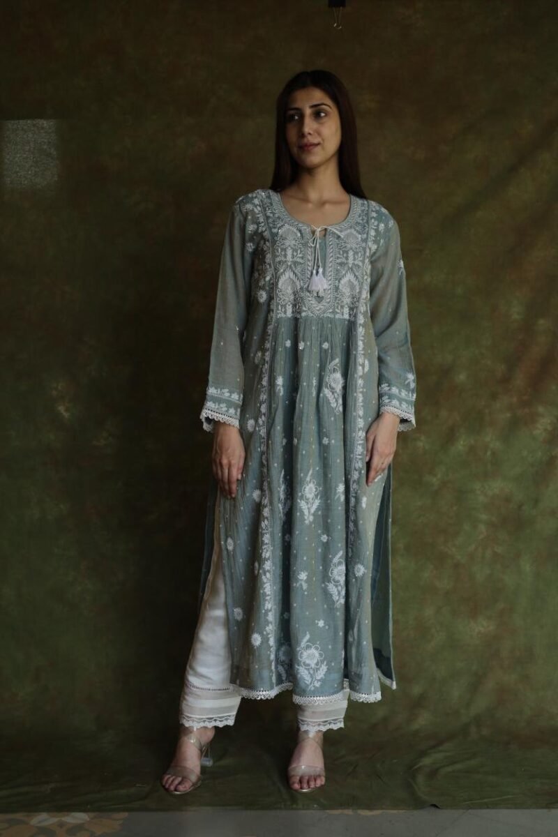 Cloud Grey Tissue Silk Chikankari Angarkha With Ari & Beads Work