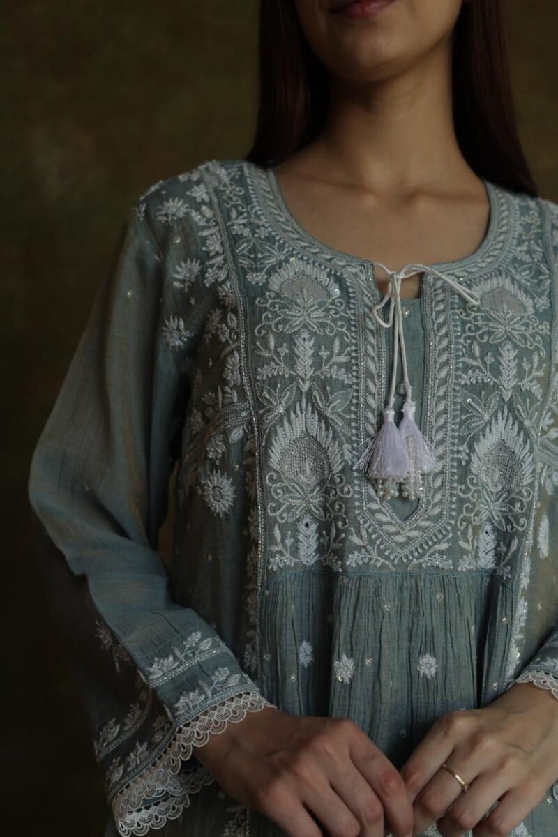 Cloud Grey Tissue Silk Chikankari Angarkha With Ari & Beads Work