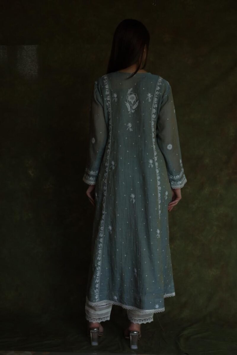 Cloud Grey Tissue Silk Chikankari Angarkha With Ari & Beads Work