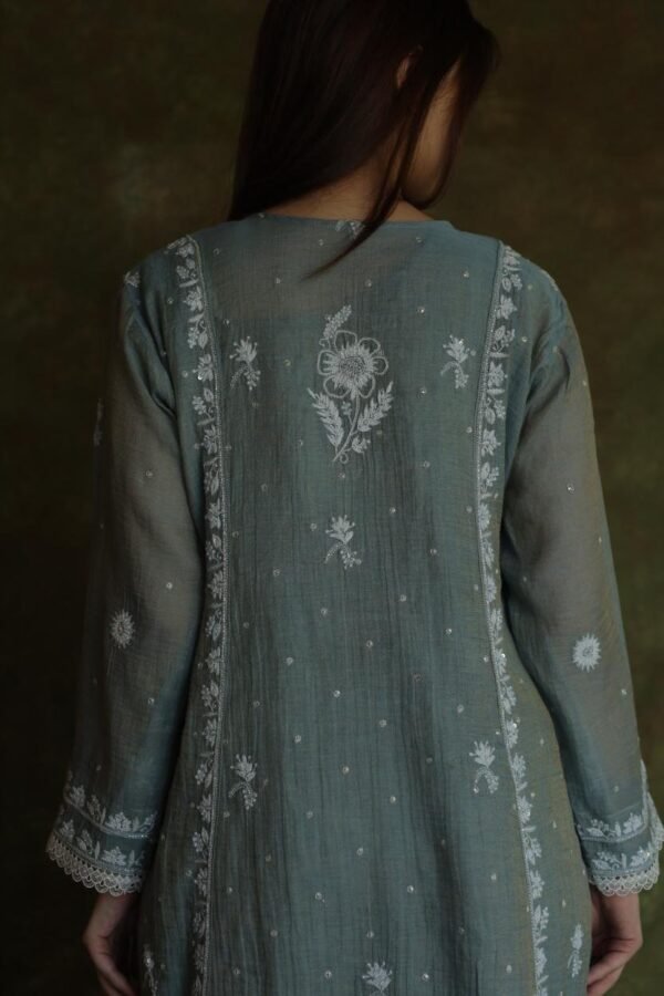 Cloud Grey Tissue Silk Chikankari Angarkha With Ari & Beads Work - Image 5