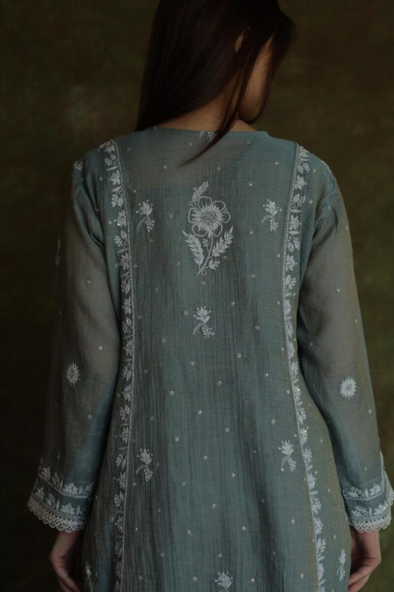 Cloud Grey Tissue Silk Chikankari Angarkha With Ari & Beads Work