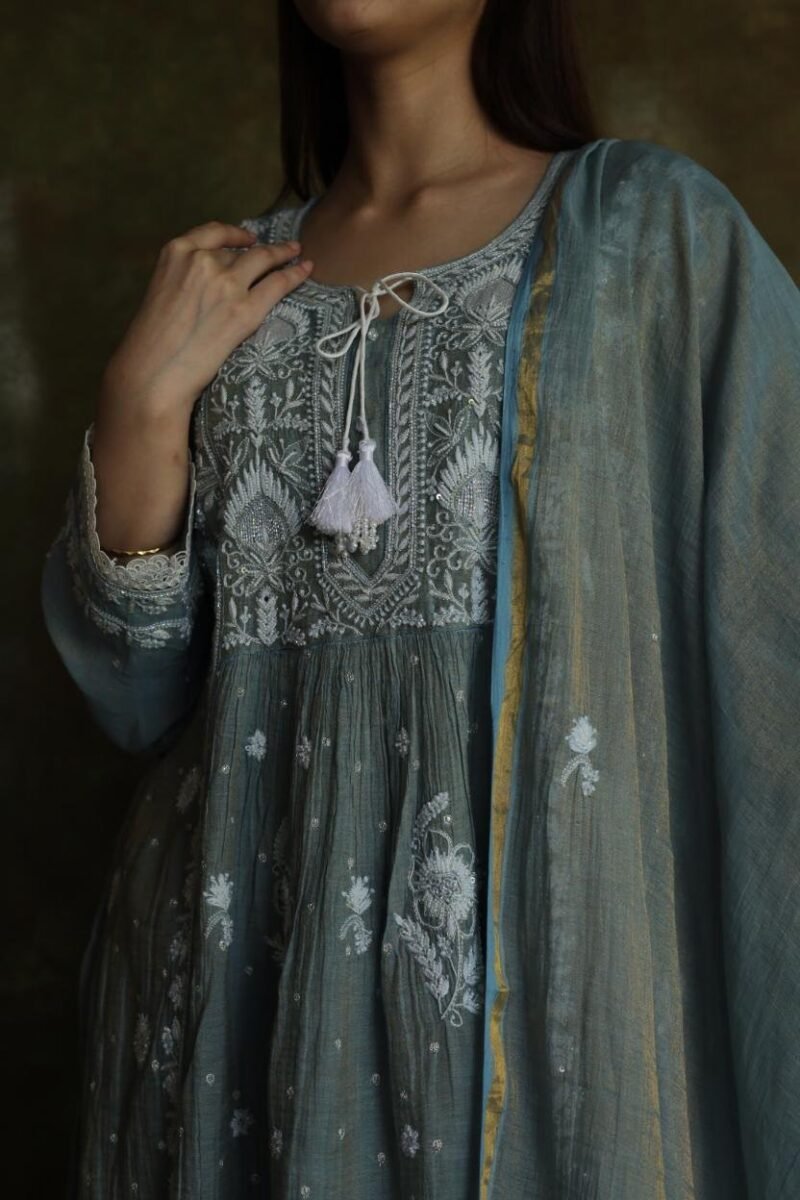 Cloud Grey Tissue Silk Chikankari Angarkha With Ari & Beads Work