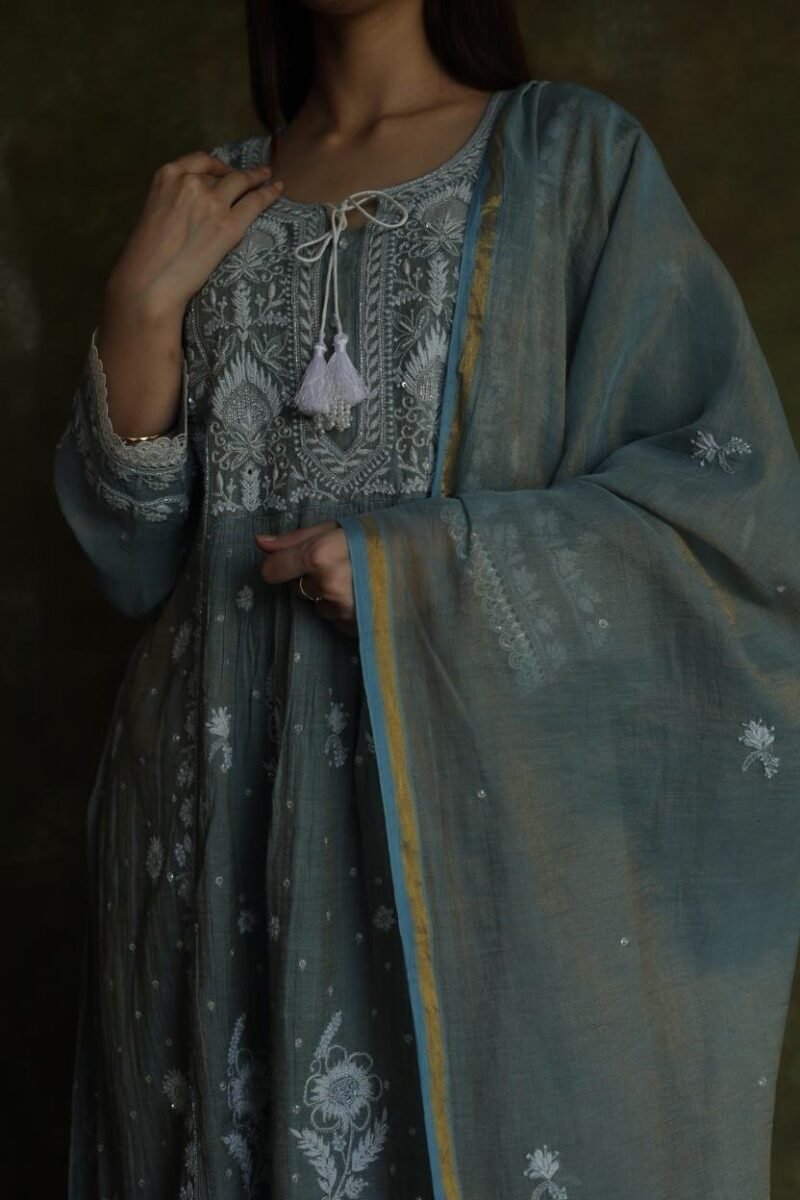 Cloud Grey Tissue Silk Chikankari Angarkha With Ari & Beads Work