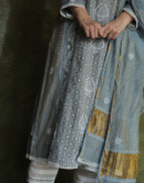 Cloud Grey Tissue Silk Chikankari Sraight Cut Kurta Dupatta Set