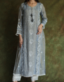 Cloud Grey Tissue Silk Chikankari Sraight Cut Kurta Dupatta Set