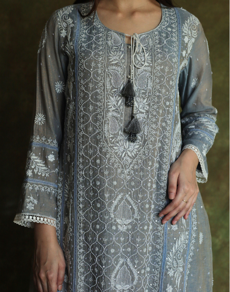 Cloud Grey Tissue Silk Chikankari Sraight Cut Kurta Dupatta Set