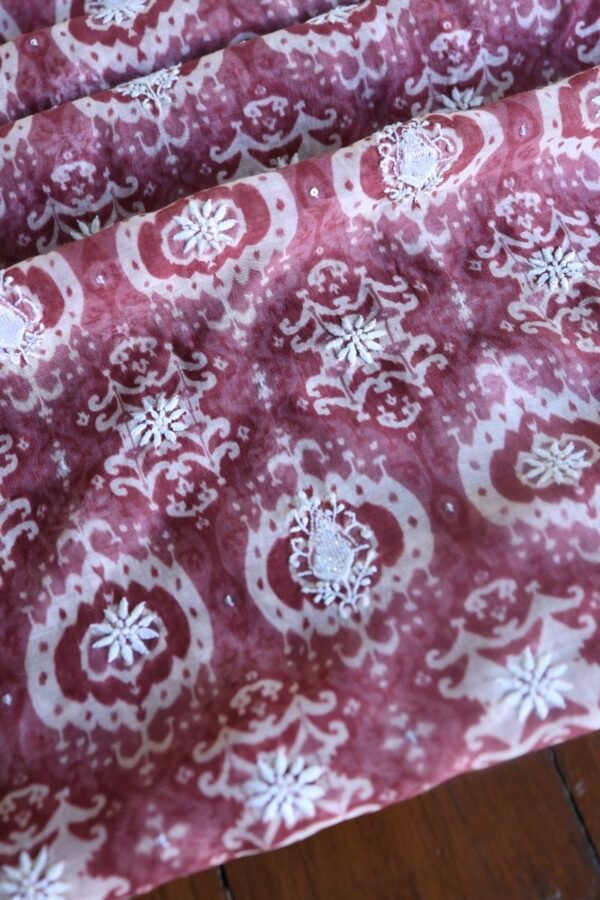 Copper Rose & White Soft Cotton Printed Unstitched Kurta Dupatta Set with Chikankari & Sequin Work - Image 12