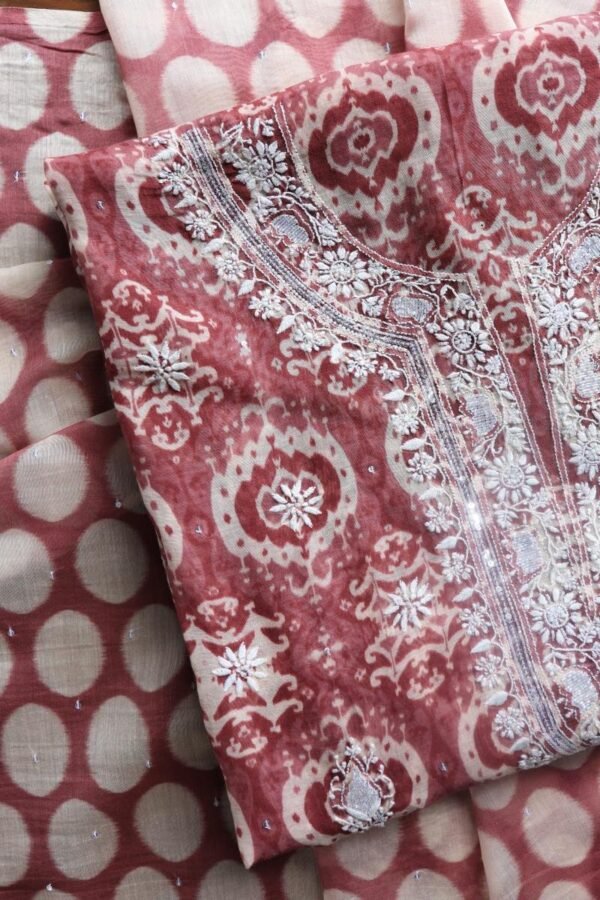 Copper Rose & White Soft Cotton Printed Unstitched Kurta Dupatta Set with Chikankari & Sequin Work - Image 8