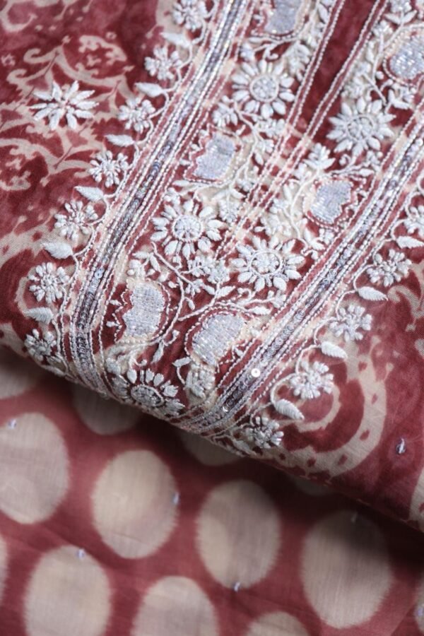 Copper Rose & White Soft Cotton Printed Unstitched Kurta Dupatta Set with Chikankari & Sequin Work - Image 2