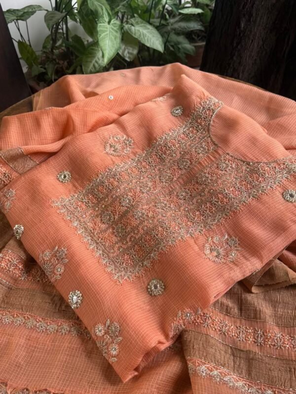 Coral Peach Handloom Kota Chikankari With Mirror Work Unstitched Kurta Dupatta Set - Image 3