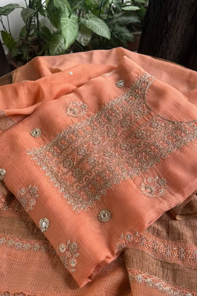 Coral Peach Handloom Kota Chikankari With Mirror Work Unstitched Kurta Dupatta Set