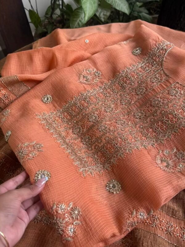 Coral Peach Handloom Kota Chikankari With Mirror Work Unstitched Kurta Dupatta Set