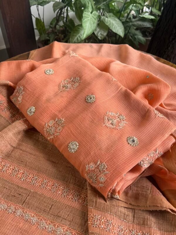 Coral Peach Handloom Kota Chikankari With Mirror Work Unstitched Kurta Dupatta Set - Image 5