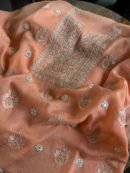 Coral Peach Handloom Kota Chikankari With Mirror Work Unstitched Kurta Dupatta Set