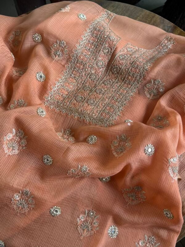 Coral Peach Handloom Kota Chikankari With Mirror Work Unstitched Kurta Dupatta Set - Image 6