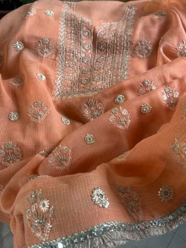 Coral Peach Handloom Kota Chikankari With Mirror Work Unstitched Kurta Dupatta Set - Image 2