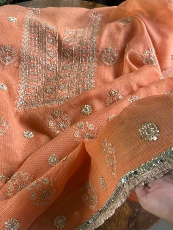 Coral Peach Handloom Kota Chikankari With Mirror Work Unstitched Kurta Dupatta Set - Image 7