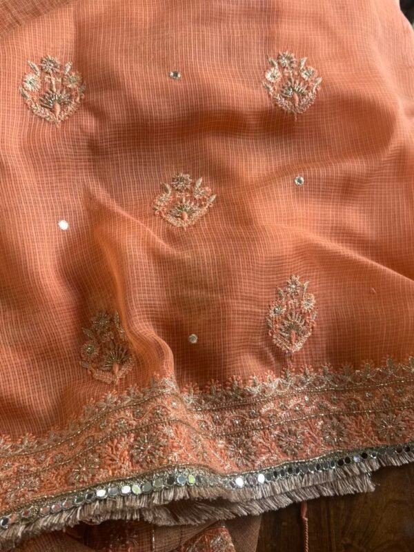 Coral Peach Handloom Kota Chikankari With Mirror Work Unstitched Kurta Dupatta Set - Image 8