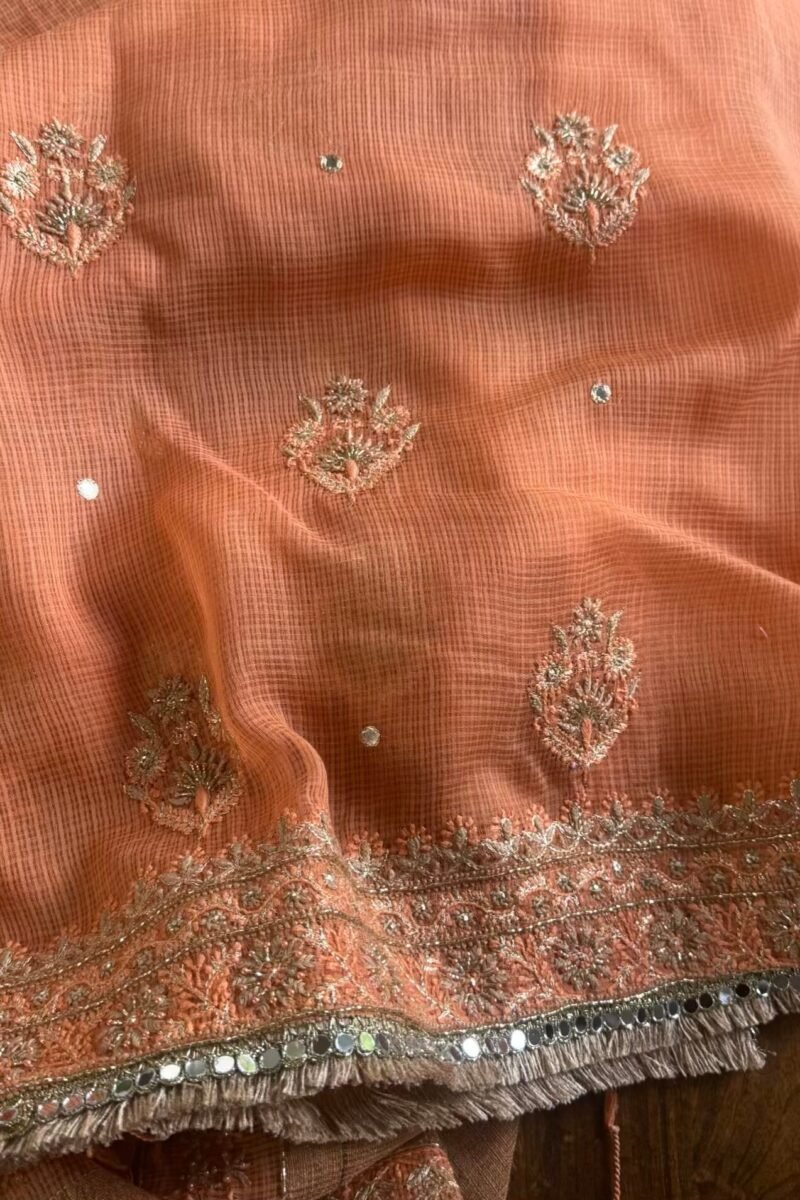 Coral Peach Handloom Kota Chikankari With Mirror Work Unstitched Kurta Dupatta Set
