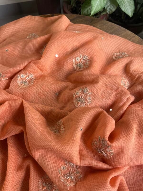 Coral Peach Handloom Kota Chikankari With Mirror Work Unstitched Kurta Dupatta Set - Image 9