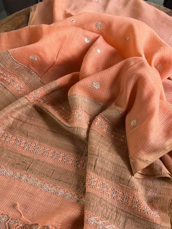 Coral Peach Handloom Kota Chikankari With Mirror Work Unstitched Kurta Dupatta Set - Image 10