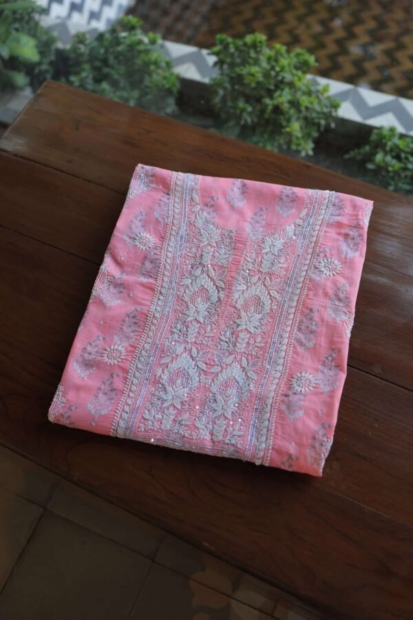 Lotus Pink Cotton Chikankari Unstitched Kurta Fabrics - Image 4