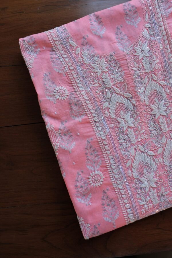Lotus Pink Cotton Chikankari Unstitched Kurta Fabrics - Image 2