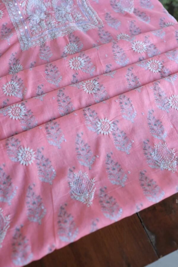 Lotus Pink Cotton Chikankari Unstitched Kurta Fabrics - Image 6