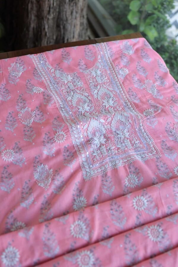 Lotus Pink Cotton Chikankari Unstitched Kurta Fabrics - Image 7