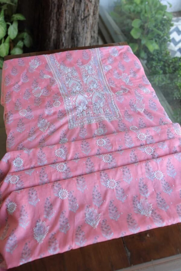 Lotus Pink Cotton Chikankari Unstitched Kurta Fabrics - Image 9