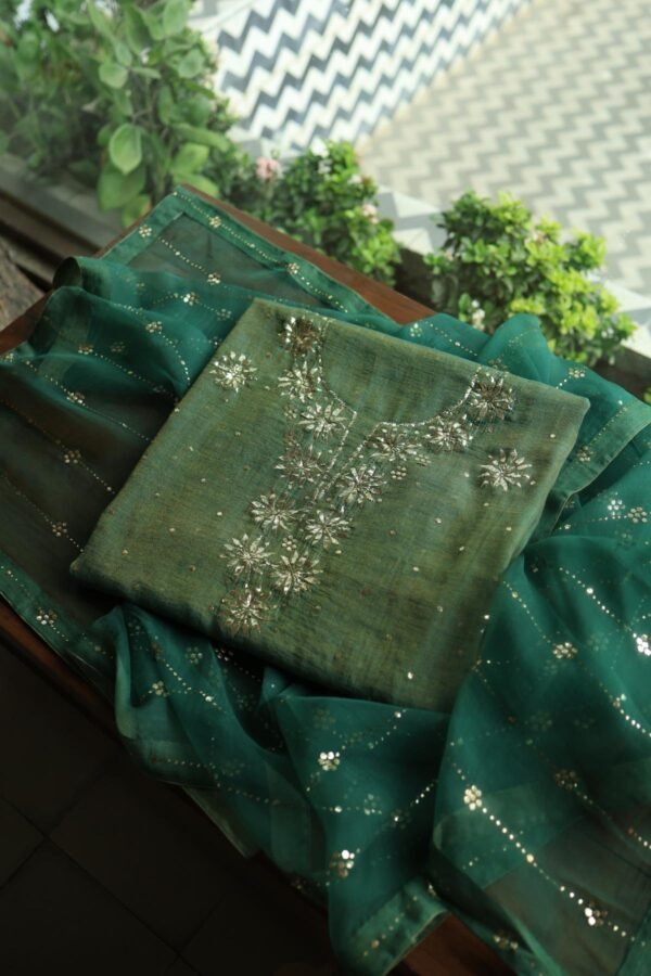 Dark Green Roheen Tissue Silk Mukaish Badla Fabric