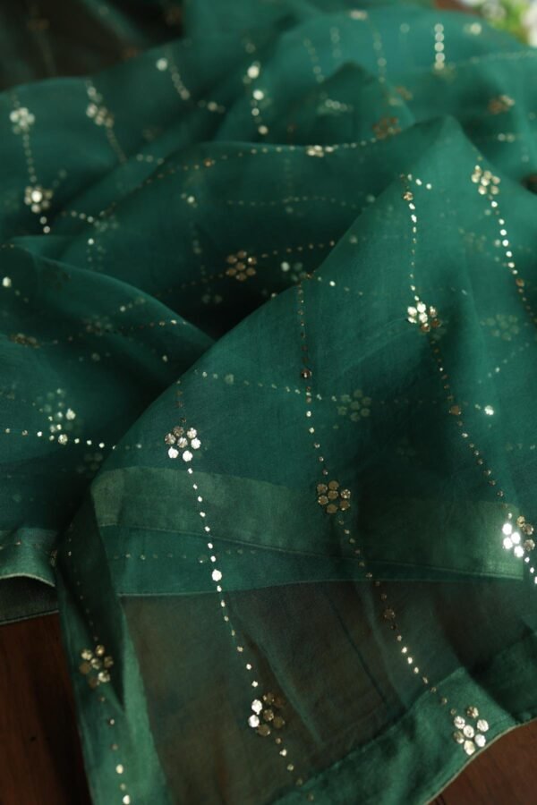 Dark Green Roheen Tissue Silk Mukaish Badla Fabric - Image 12