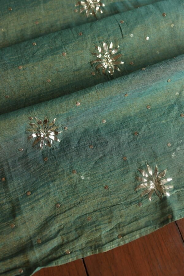 Dark Green Roheen Tissue Silk Mukaish Badla Fabric - Image 8