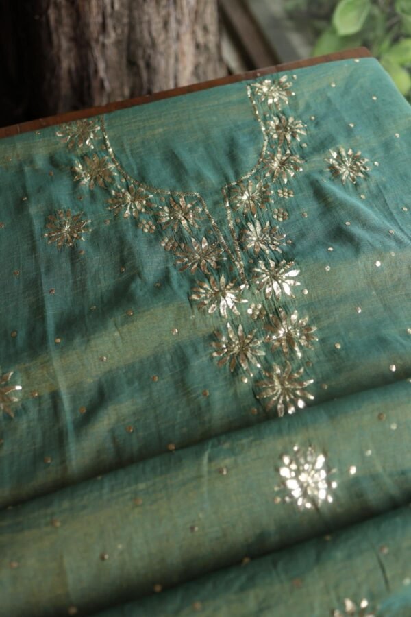Dark Green Roheen Tissue Silk Mukaish Badla Fabric - Image 9