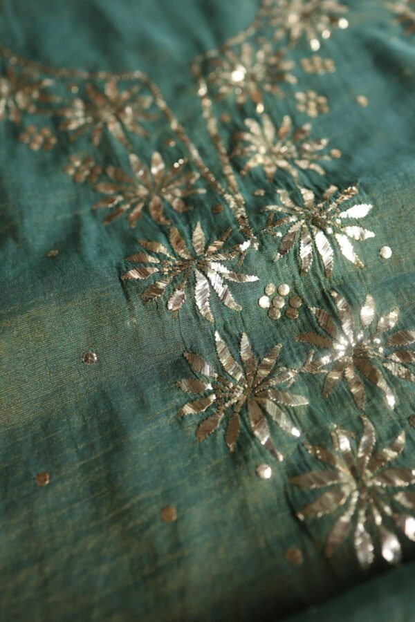 Dark Green Roheen Tissue Silk Mukaish Badla Fabric - Image 2