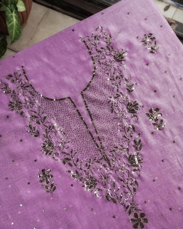 Dark Pink Chanderi Mukaish Badla Unstitched Kurta Dupatta Set - Image 2