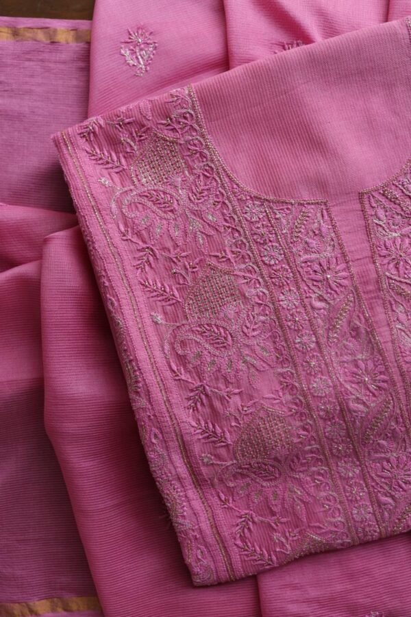 Dark Pink Maheshwari Chikankari Unstitched Fabric - Image 9