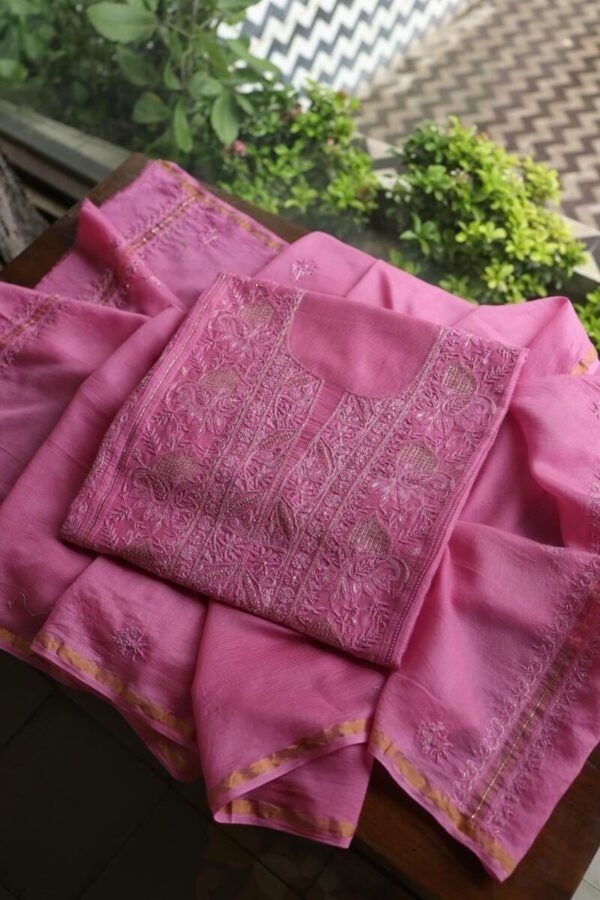 Dark Pink Maheshwari Chikankari Unstitched Fabric - Image 8